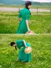 Ethnic Clothing Tibetan Female Improved Green Dress Summer Style Daily Guozhuang Dance