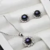 Ställer in äkta vit svart naturlig pärla örhänge och halsband för kvinnor, trendigt blomma bröllop 925 silverhänge örhänge fina smycken