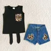 Ensembles de vêtements en gros enfant en bas âge 4 juillet vache occidentale été rouge manches courtes tenue bébé fille top star rayé denim shorts enfants enfant