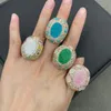 Exquisite fashion emerald rhinestone ring with natural raw mineral crystal set in raw stone wedding jewelry for women 240118