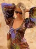 Robes décontractées basiques Robe patchwork en dentelle transparente en maille imprimée pour femme rétro col en U à manches longues robe de visualisation robe de plage de rue pour femme Vestibus J240130
