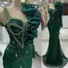 2024 ASO EBI Green foncé Sirène Prom Vobe Crystals Crystals Paille-soirée Lace Soirée Deuxième réception Robes de fiançailles d'anniversaire Robe de Soiree ZJ79