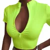 Women Stand Collar T Shirts Zipper V Ncek Crop Top Short Sleeve Summer Slim Sexy Sports Top