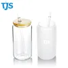 Warehouse Us Sublimation Clear Frosted Glass Mug 16oz Beer Can Cups with Bamboo Lid and Straws1.30