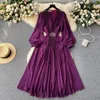 Casual Dresses Evening Party Crystal Diamonds Draped Chiffon Pleated Dress Women's V Neck Long Lantern Sleeve Lace Up Prom Robe Vestidos