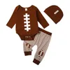 Ensembles de vêtements Focusnorm 3pcs Enfant Bébé Garçons Vêtements 0-18M Football Imprimer Manches Longues Barboteuses Élastique Pantalon Rayé Bonnet Chapeau