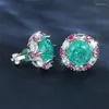 Backs Earrings Cute Female Green Round Stone Clip Charm Silver Color Wedding Jewelry For Women