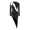 Повседневные платья, осень-зима, женское сексуальное черное платье миди с длинным рукавом и круглым вырезом, ажурное 2024, бандажное платье, одежда для клубной вечеринки, облегающее платье