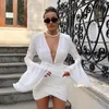 Casual Dresses Elegant Deep V Neck Women Dress White Flare Long Sleeve Ruched Mini Vestidos Fall Winter Fashion Party Ladies Dropship