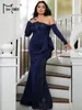 Plus Size Kleider Missord Blaues Pailletten-Abschlussballkleid für Damen, elegant, eine Schulter, lange Ärmel, drapiert, figurbetont, Meerjungfrau, Party-Abend