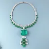 Luxurious Fashion Necklace Stud Earrings Women Lady Inlay Zircon Synthetic Paraiba Big Pendant Green Beads Chain Jewelry Sets 240118