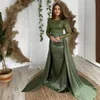 Olive Gorgeous Evening Dresses Elegant Sheer Neck Evening Gowns Long Sleeves Sequined Lace Elastic Satin Pleated Formal Prom Dress Birthday Party Gown NE007