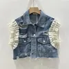 Damesvesten met contrasterende kleur, slank kort denimvest, lente zomer, dames, chique geplooide ruches, mouwloos patchwork, cowboyvest