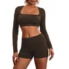 Women's Tracksuits CHQCDarlys Women Workout Sets 2 Piece Yoga Outfits Casual Long Sleeve Square Neck Crop Tops And Shorts Set Activewear