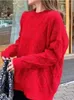 Maglioni da donna Abiti invernali rossi Donna 2024 Maglia maglione di Natale O-Collo Pullover Solido caldo maniche lunghe oversize Top