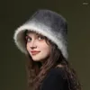 Berets Womens Y2K Plush Hat Faux Fur Bucket Winter Warm Thick Cold-proof Fisherman Fashion Wild Outdoor Cap