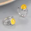 Bagues de cluster Style ethnique 925 Sterling Argent Ovale Jaune Chalcédoine Bague Pour Femmes Vintage Petite Fleur Feuille Réglable Bijoux Ouverts