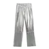 Pantalones de mujer 2024 otoño mujer elegante cintura alta plata sólido pierna ancha con bolsillo pantalón mujer moda brillante Casual suelto