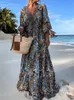 Boho Deep V Neck Waist Drawstring Long Dress Women Spring Pattern Print Vintage Maxi Summer Short Sleeve Loose Beach 24030