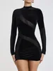 Casual Jurken Stinkende gouwe Winter Mesh Patchwork See Through Bodycon Jurk Fluwelen Mode Vrouwen O Hals Lange Mouw Sexy Mini 2024