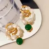 Dangle Earrings Brass Vintage Green Stone Natural Pearl Women Jewelry Party Boho T Show Gown Runway Rare Korean Japan Trendy