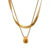 Snake Chain Double Layer 14k Yellow Gold Water Drop Pendant Necklace for Women Statement Jewelry Waterproof