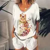 T-shirt da donna T-shirt casual estiva con scollo a V Camicia da donna con stampa gatto Top sciolto vintage da donna Street Wear Y2K Abiti a maniche corte S-5XL 240130