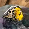 Cluster Rings Female Ring Men's Large Oval Natural Agate Stone Retro Trend Inlaid Yellow Zircon Ant Gem Stainless Steel