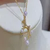 22091903 Women's pearl Jewelry necklace akoya 3-5mm rhinestone zirconia hook pendent chocker 40 45cm 18k yellow gold plated184c