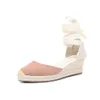 Summer Linen Platform Wedge Pump Ankle Strap Chunky Heel Covered Toe Ladies Roman Sandals Skirt Shoes