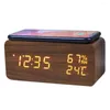 Wall Clocks Digital Alarm Clock Temperature And Humidity LED Electronic Smartphone Wireless Charger (Brown)