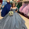 Серое блестящее бальное платье с открытыми плечами Платье Quinceanera Милый корсет с бисером и кристаллами Vestido De 15 Anos