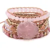 Natural Stone Bracelet Pink Quartz Leather Wrap Bracelets for Women Rose Gems Crystal Beads Bohemia Jewelry 5 Strand234s