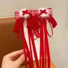 Hårtillbehör söt röd rutig båge klippband bowknot rep julbarreter för flickor 2024 år