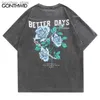 Herren T-Shirts Distressed T-Shirt Streetwar Hip Hop Floral Rose Brief Drucken Vintage T-shirt Männer Harajuku Sommer Casual Baumwolle Lose Shirts Top Q240130