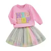 Ensembles de vêtements pour petites filles, tenues à manches longues, lettres brodées, sweat-shirt et jupe en Tulle, ensemble 2 pièces, vêtements de printemps et d'été pour enfants