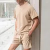 Männer Trainingsanzüge 2024 Frühling Sommer Herren Kleidung Kurzarm Stehkragen Waffel Tops Und Shorts Zwei Stück Sets Männer Outfits Casual Solide