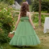 Robes de fille fleur vert Tulle gâteau jupe avec grand nœud sans manches pour mariage anniversaire Banquet première Communion robes