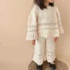 Coreano outono roupas de bebê bonito borla oco renda malha manga longa pullovers topos camisas elásticas calças largas perna crianças roupas 240123