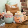 Mugs Cute Donut Ceramic Mug With Lid Spoon Pink Girl Office Student Coffee For Couple Large Capacity Milk Tea Drinking Water Cup