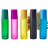 10mlレインボーガラス液体エッセンシャルオイル香水ボトルステンレススチールボール付きのボトルのフロストロール3種類の蓋を選択