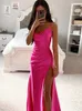 Solid Satin Backless Side Split Maxi Dress Women Summer Sexy Slim Off Shoulder Ruched Bodycon Female Party Evening Dresses 24030