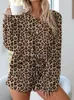 Fatos femininos elegante leopardo floral impressão mulheres dois conjuntos de peças primavera verão manga longa camiseta e curto casual homewear outfits