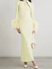 Casual Dresses Modphy Ladies Yellow Feathers Bodycon Bandage Maxi Dress Rayon High Quality Sexy Long Sleeve Ribbed 2024 Vestidos