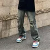 Jeans masculinos hip hop calças streetwear rasgado buraco perna larga com multi bolsos detalhes angustiados para estilo casual urbano