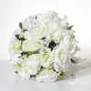 Fleurs décoratives Bouquet de mariage blanc avec ruban de Satin de soie mariée demoiselle d'honneur tenant des Roses accessoires de fleurs artificielles