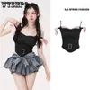 Women's Tanks Black Camis Pink Bow Patchwork Women Short Top Sexy Slim Sweet Slash Neck Pure Desire Korean Fashion Summer Drop