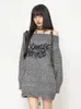 Grunge Y2k Sweater Knitwear Women Japanese Style Gothic Off Shoulder Long Sleeve Ripped Jumper Harajuku Goth Streetwear 240131