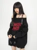 Grunge Y2k Sweater Knitwear Women Japanese Style Gothic Off Shoulder Long Sleeve Ripped Jumper Harajuku Goth Streetwear 240131