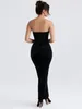 Lässige Kleider Modphy Feather Velvet Party Maxikleid Damen Sexy Rückenfrei Langarm Bodycon Slash Promi Abend Schwarz